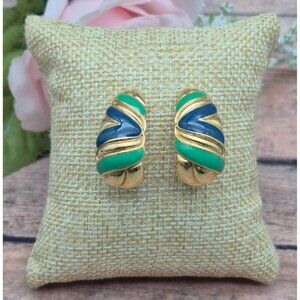 VTG Retro Earrings Large Gold Tone Swirl Enamel Blue & Green Pierced Statement